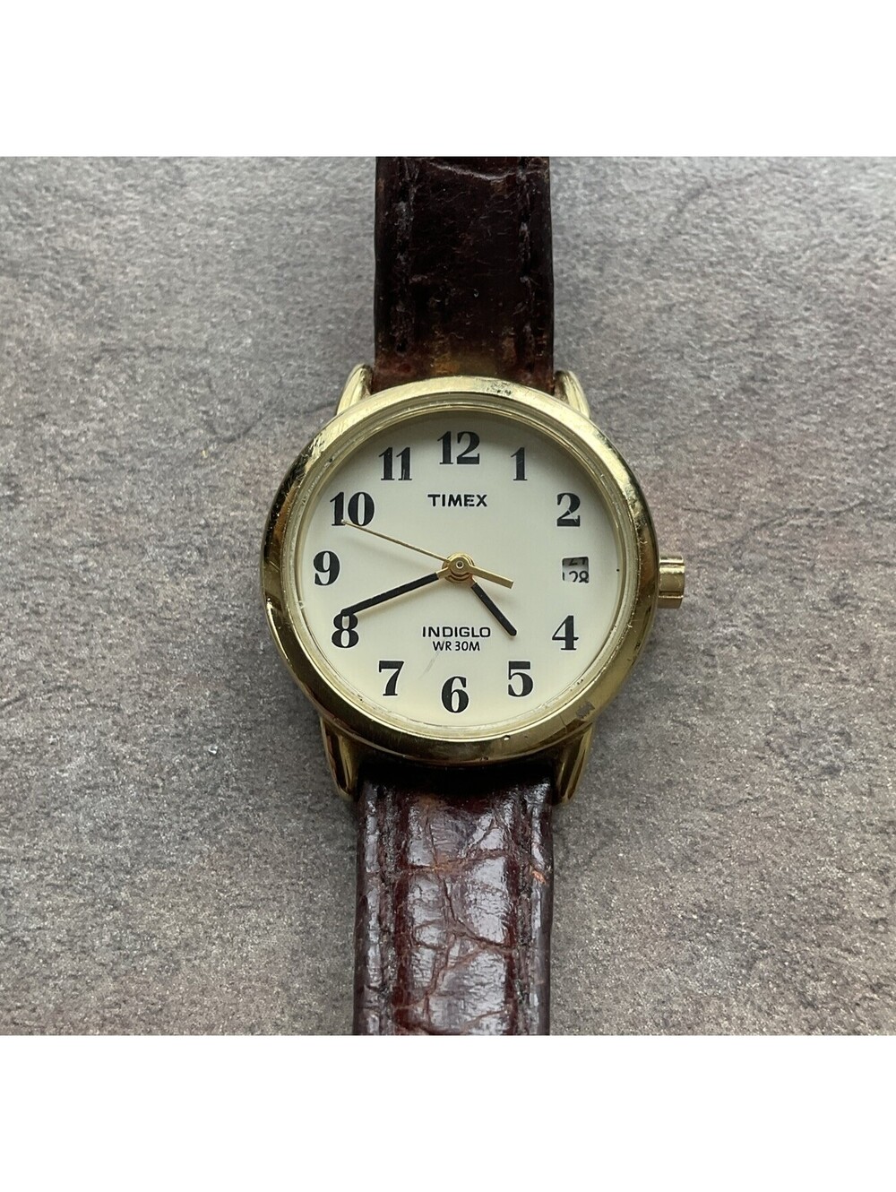 Timex Easy Reader Womens Watch Gold Tone Case White Dial Brown Leather Band B-G